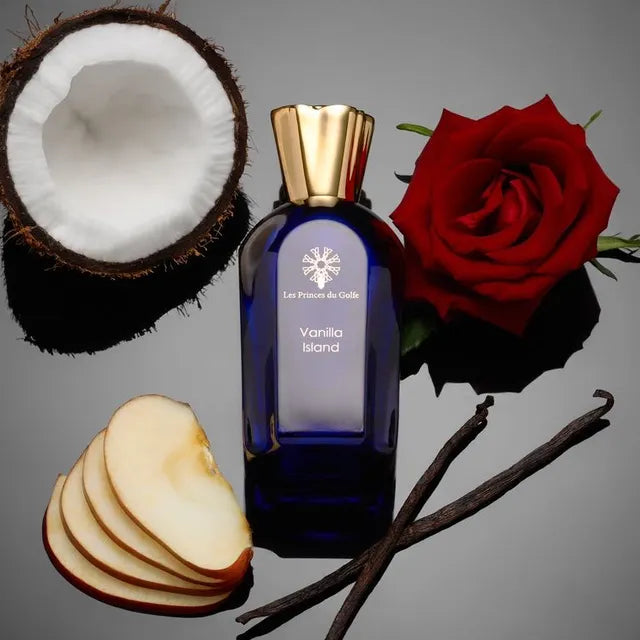 Parfum Vanilla Island de la maison Les Princes du Golfe – flacon raffiné en verre transparent avec bouchon élégant, fragrance gourmande et chaleureuse aux notes suaves de vanille et d’exotisme
