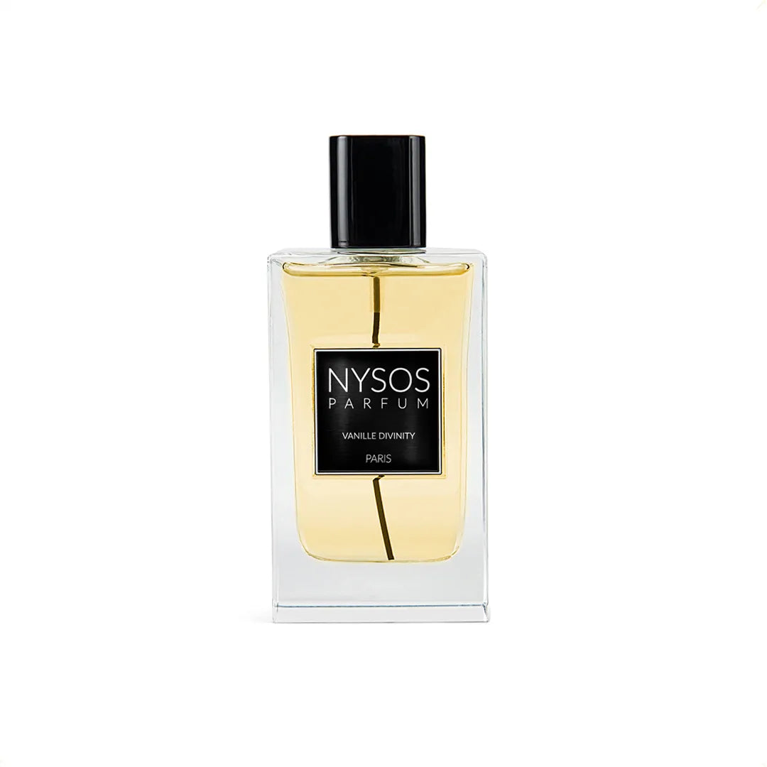 Flacon Vanille Divinity de Nysos Parfums : parfum gourmand vanillé, riche en vanille, touches gourmandes, musc doux, ambiance chaleureuse et enveloppante