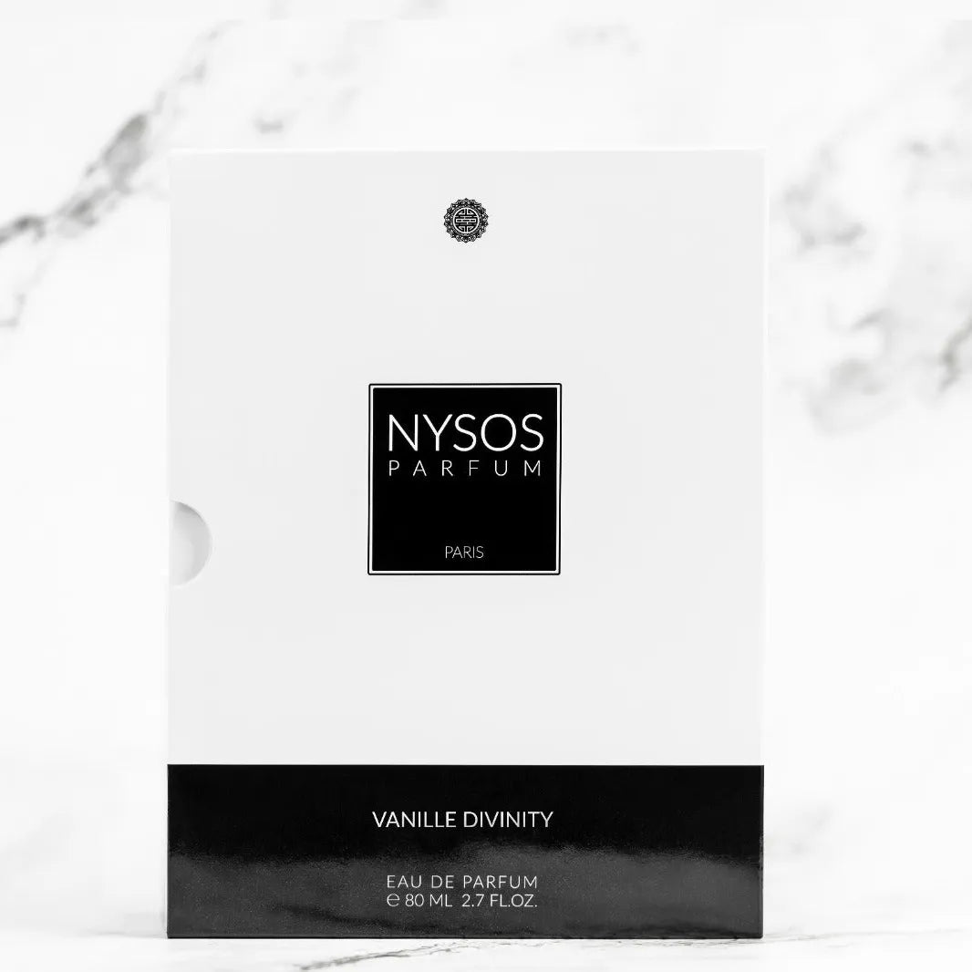 Flacon Vanille Divinity de Nysos Parfums : parfum gourmand vanillé, riche en vanille, touches gourmandes, musc doux, ambiance chaleureuse et enveloppante