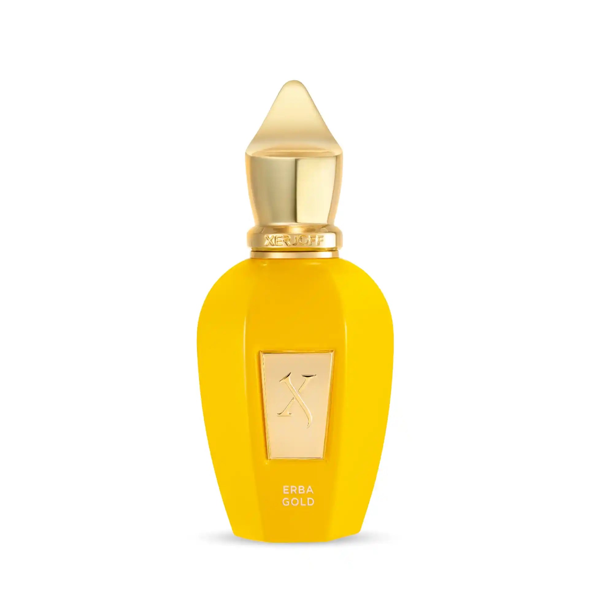 Bouteille de parfum de niche Xerjoff Erba Gold, flacon élégant doré, fragrance fruitée et douce.