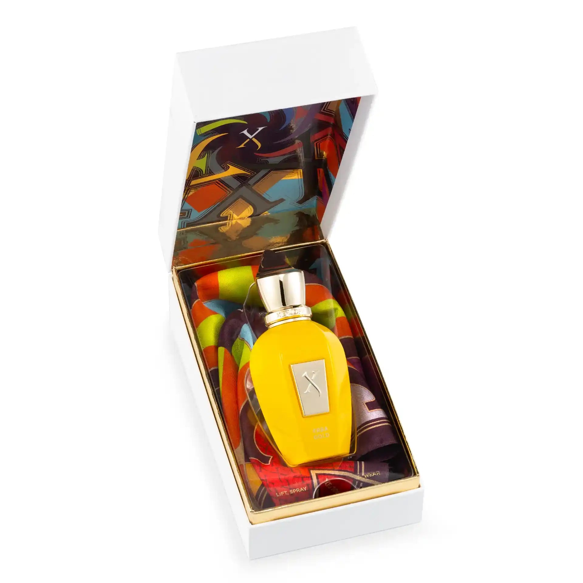 Boite de parfum de niche Xerjoff Erba Gold, flacon élégant doré, fragrance fruitée et douce.