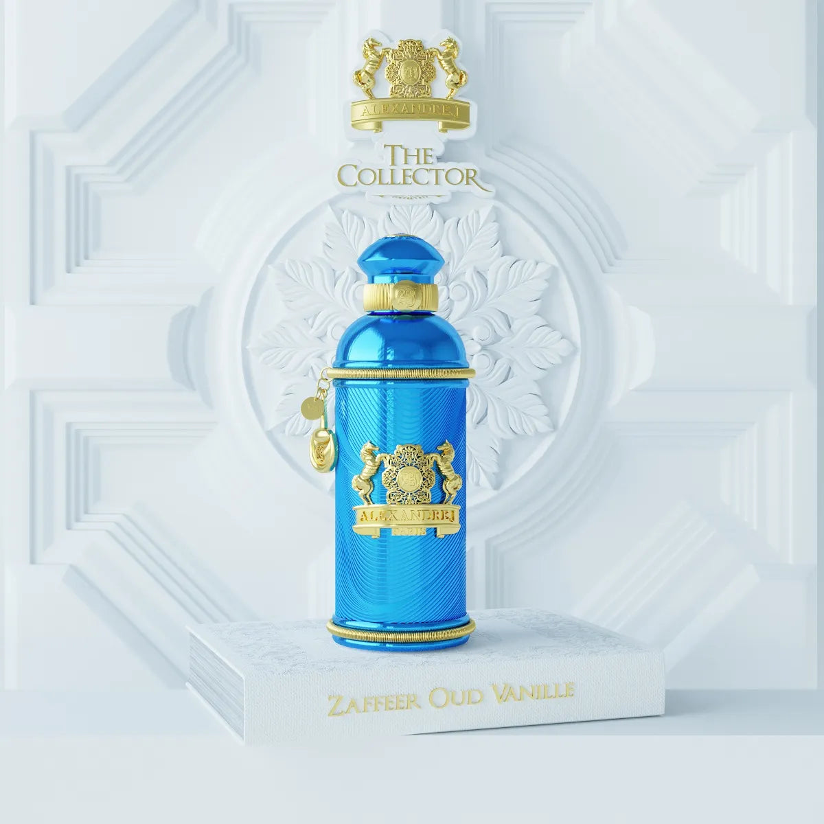 Flacon Zafeer Oud Vanille d’Alexandre.J — parfum oriental-gourmand unisexe, dévoilant en tête cuir profond, noix de coco exotique et caramel fondant, un cœur épicé de clou de girofle, fève tonka, bois blancs et ylang-ylang, posé sur un fond riche de vanille douce, oud fumé et musc enveloppant.