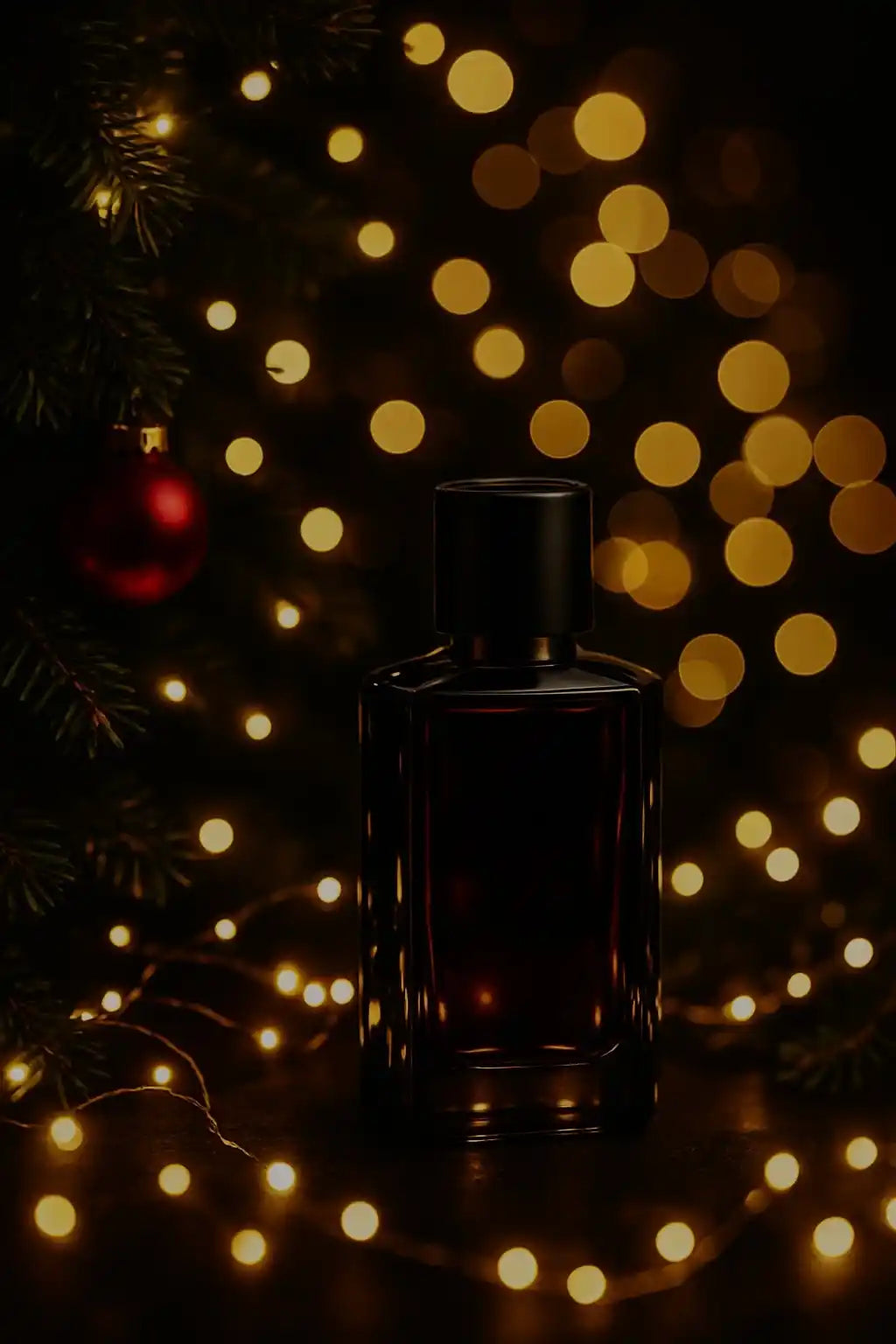 bannière de site pour mobile Anama avec un parfum de niche posé sur une table pleine de paillettes avec un fond de sapin, lumière type noel