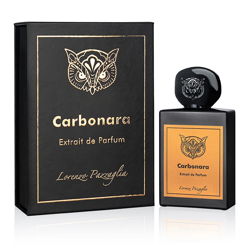 Flacon du parfum Carbonara de Lorenzo Pazzaglia, extrait épicé et crémeux.