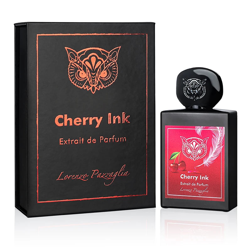 Flacon du parfum de niche Cherry Ink de Lorenzo Pazzaglia, extrait audacieux et contrasté.