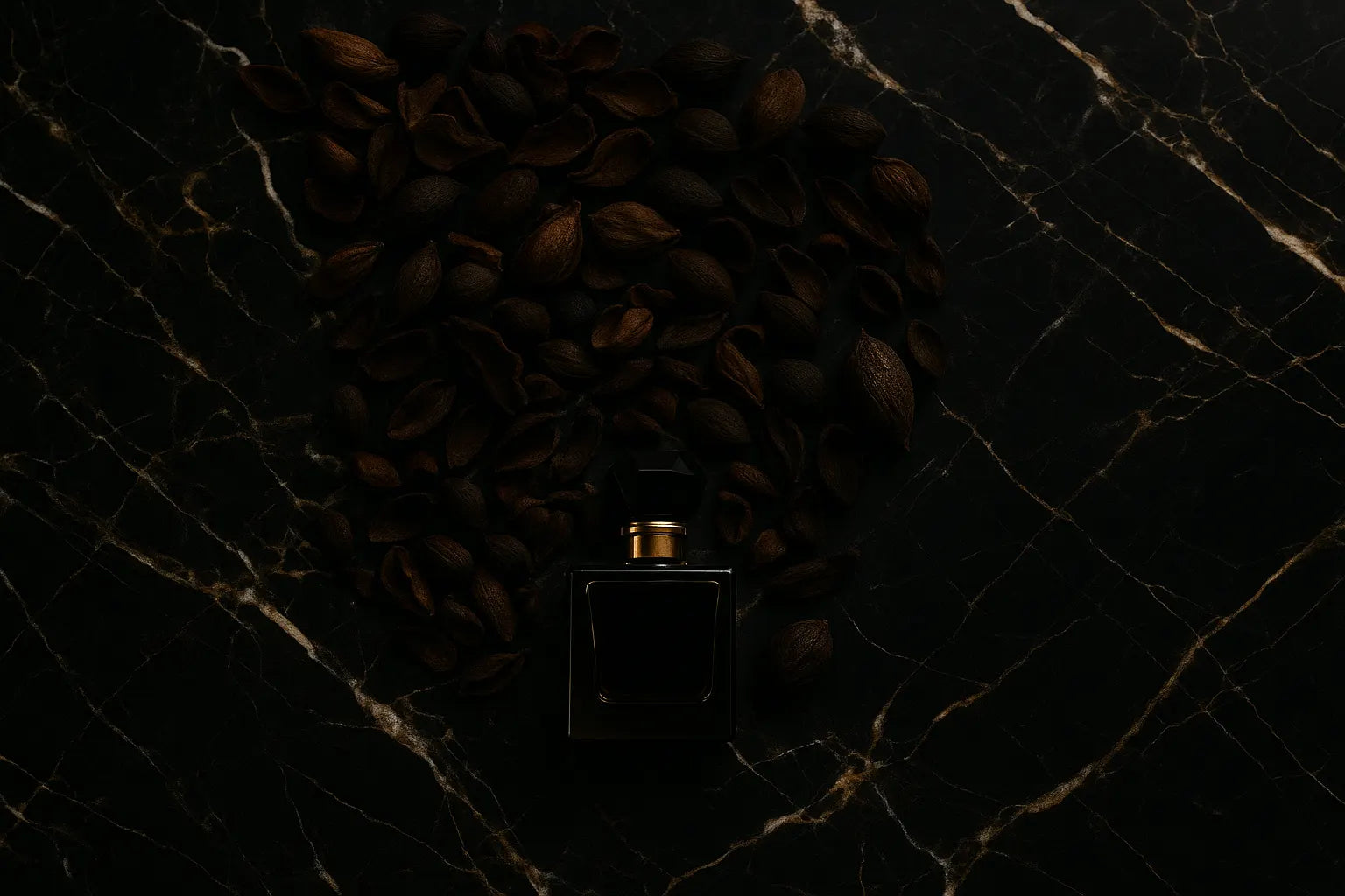 un parfum haut de gamme sur une table en marbre avec des fèves sur des tons très sombre, chic et élégant