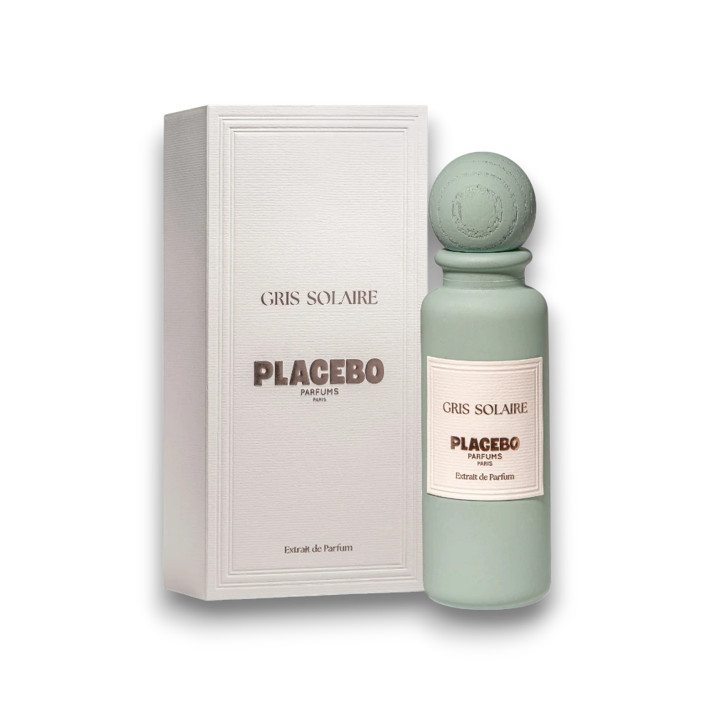 Packshot de la boite et du parfum de la maison de niche placebo gris solaire