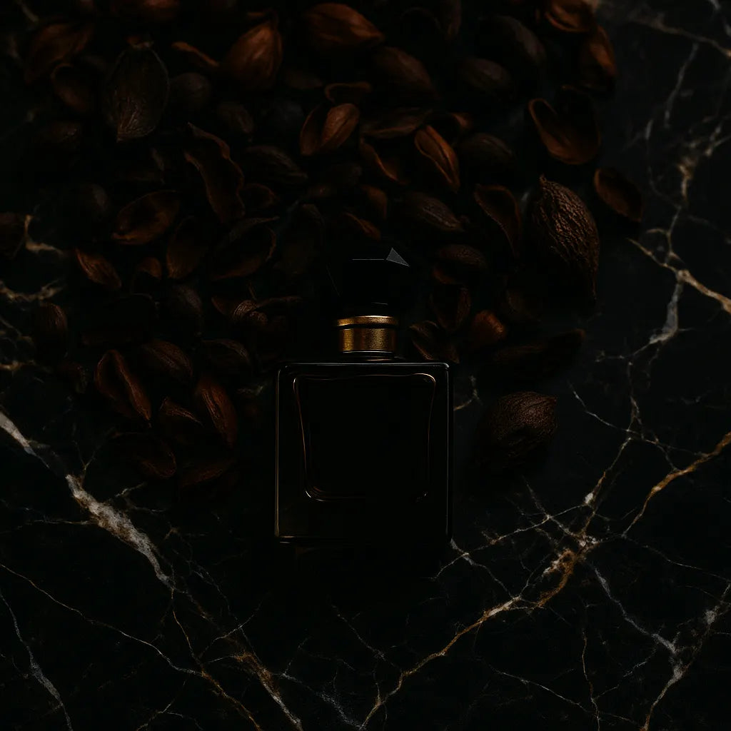 un parfum haut de gamme sur une table en marbre sur des tons très sombre, chic et élégant