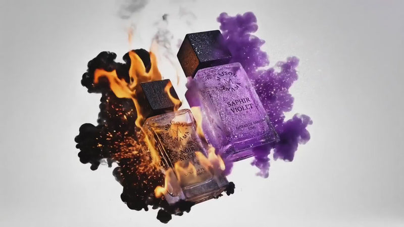 banniere des deux parfum maison anama noir nectar et saphir violet qui se fusionne pour venir ce poser à terre