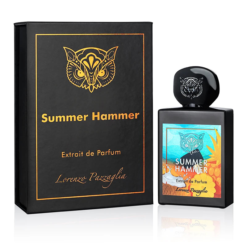 Flacon du parfums de niche Summer Hammer de la maison Lorenzo Pazzaglia, extrait de parfum solaire, fruité et boisé, symbole d’un été vibrant et sensuel.